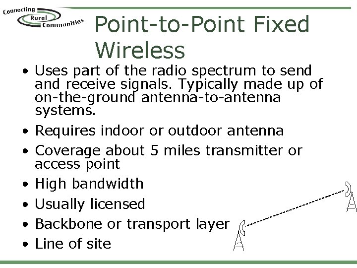 Point-to-Point Fixed Wireless • Uses part of the radio spectrum to send and receive