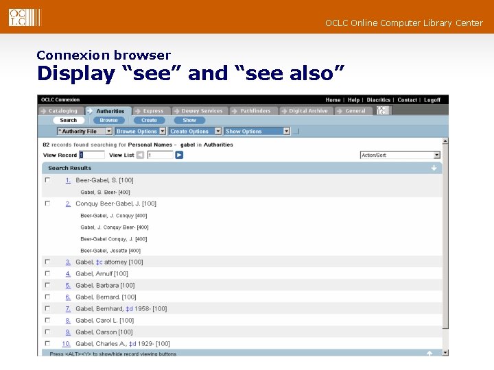 OCLC Online Computer Library Center Connexion browser Display “see” and “see also” 