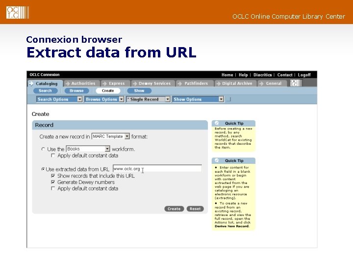OCLC Online Computer Library Center Connexion browser Extract data from URL 