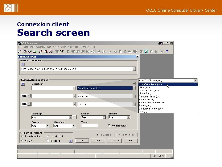 OCLC Online Computer Library Center Connexion client Search screen 