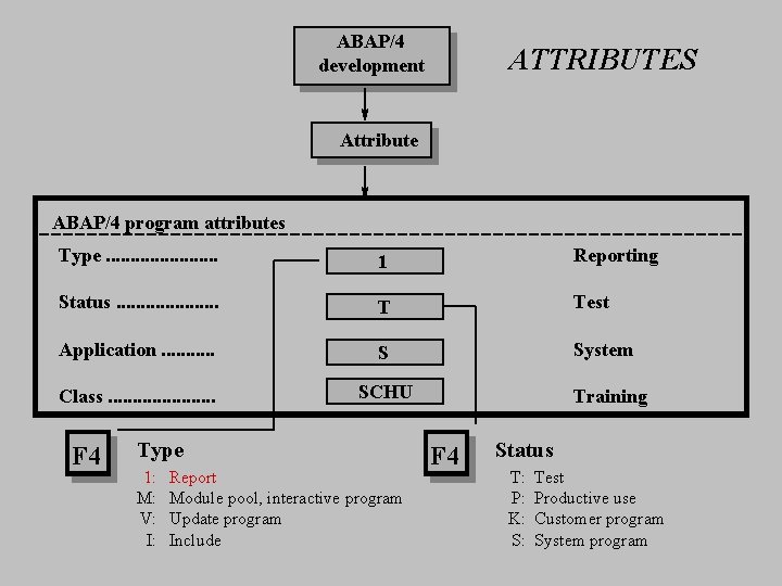 ABAP/4 development ATTRIBUTES Attribute ABAP/4 program attributes Type. . . 1 Reporting Status. .