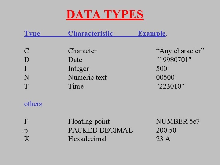 DATA TYPES Type Characteristic Example. C D I N T Character Date Integer Numeric