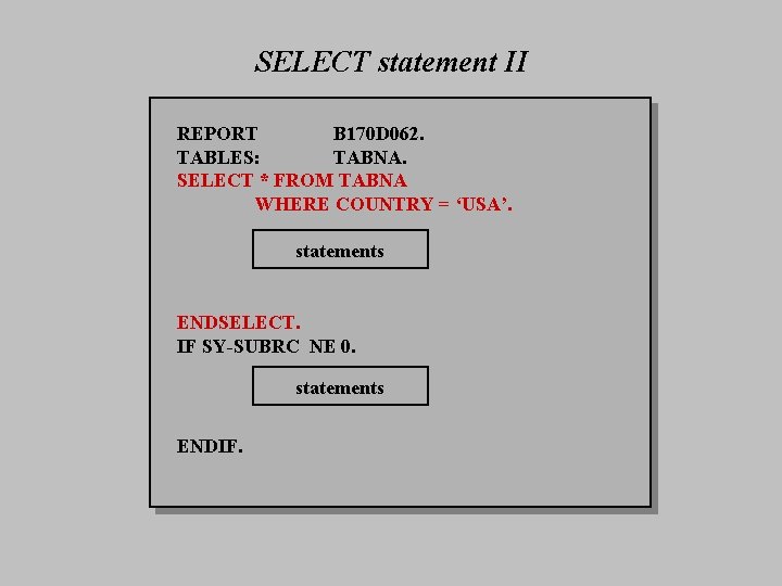 SELECT statement II REPORT B 170 D 062. TABLES: TABNA. SELECT * FROM TABNA