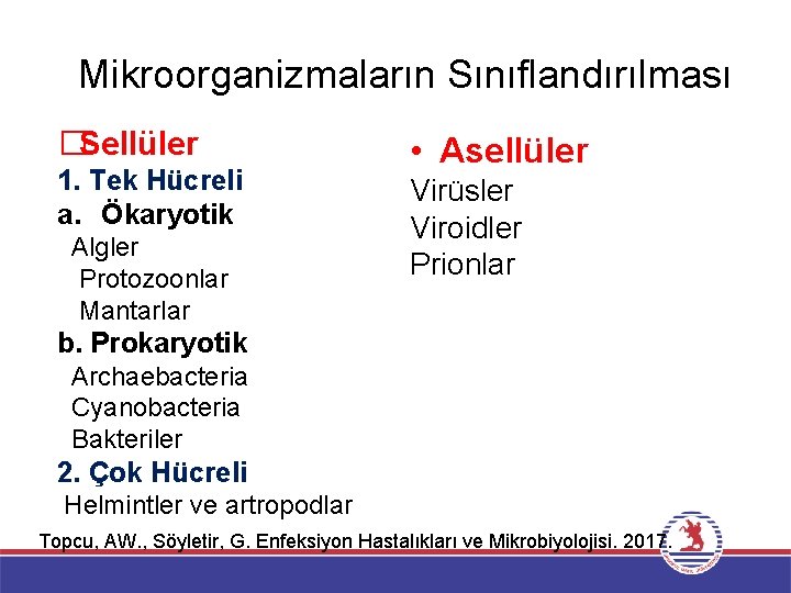 Mikroorganizmaların Sınıflandırılması �Sellüler 1. Tek Hücreli a. Ökaryotik Algler Protozoonlar Mantarlar • Asellüler Virüsler