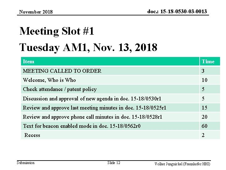 doc. : 15 -18 -0530 -03 -0013 November 2018 Meeting Slot #1 Tuesday AM