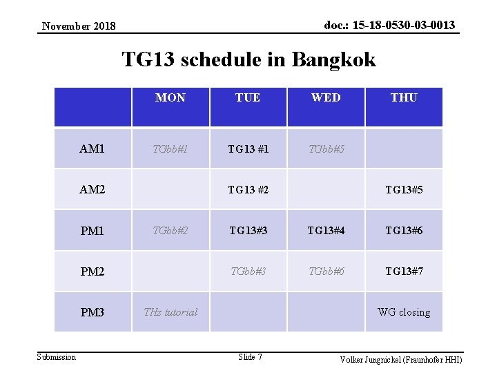 doc. : 15 -18 -0530 -03 -0013 November 2018 TG 13 schedule in Bangkok