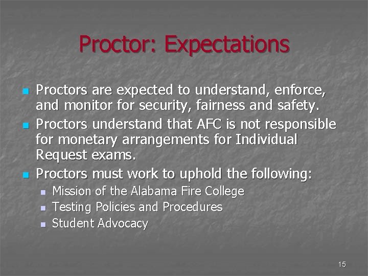 Proctor: Expectations n n n Proctors are expected to understand, enforce, and monitor for