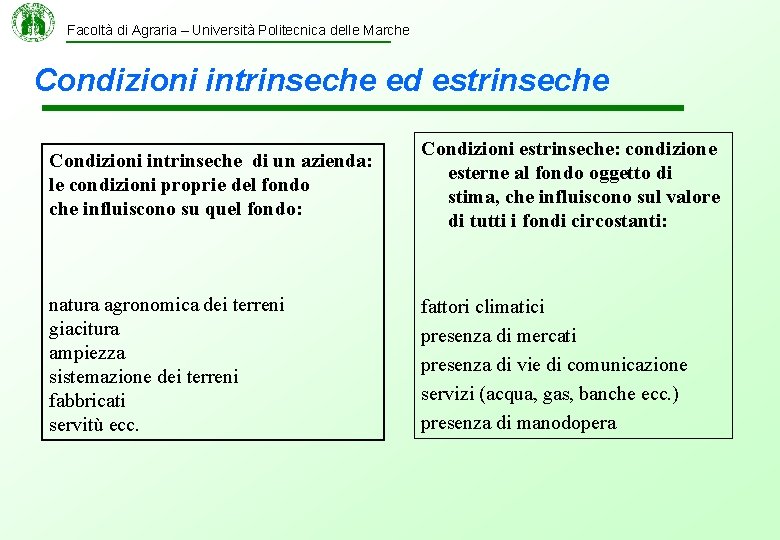 Facoltà di Agraria – Università Politecnica delle Marche Condizioni intrinseche ed estrinseche Condizioni intrinseche