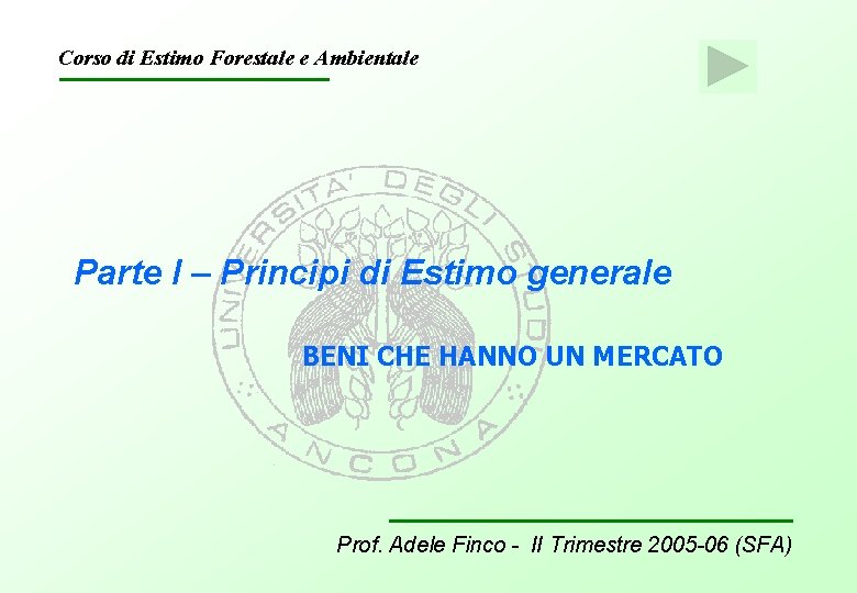 Corso di Estimo Forestale e Ambientale Parte I – Principi di Estimo generale BENI