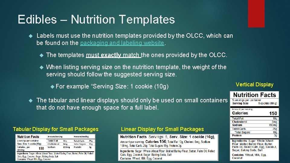 Edibles – Nutrition Templates Labels must use the nutrition templates provided by the OLCC,