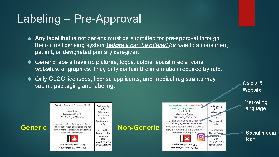 Labeling – Pre-Approval Any label that is not generic must be submitted for pre-approval