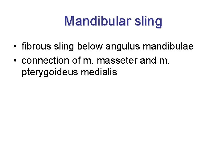 Mandibular sling • fibrous sling below angulus mandibulae • connection of m. masseter and