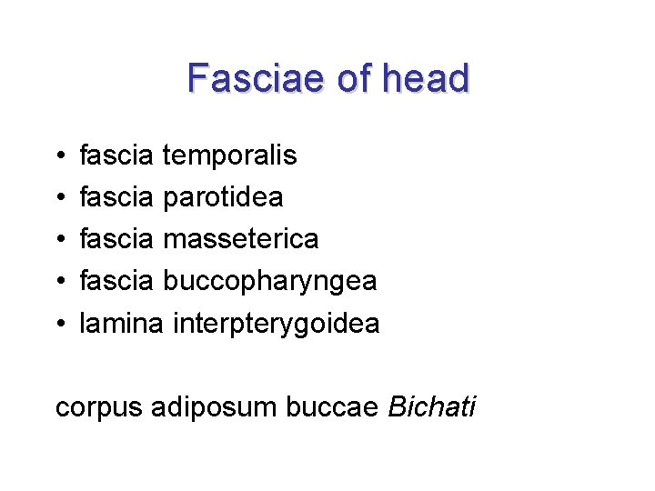 Fasciae of head • • • fascia temporalis fascia parotidea fascia masseterica fascia buccopharyngea