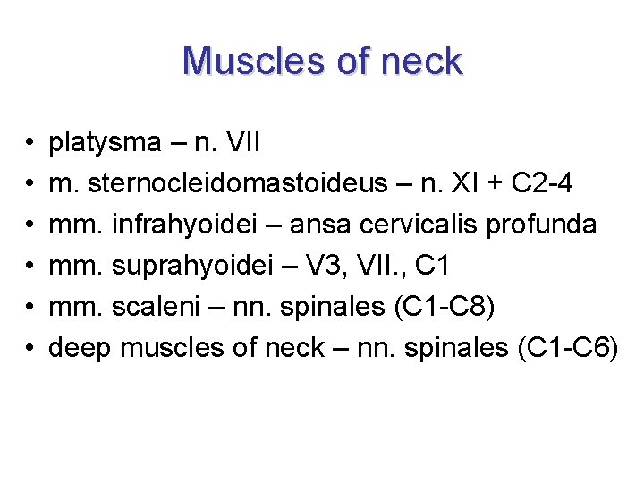 Muscles of neck • • • platysma – n. VII m. sternocleidomastoideus – n.