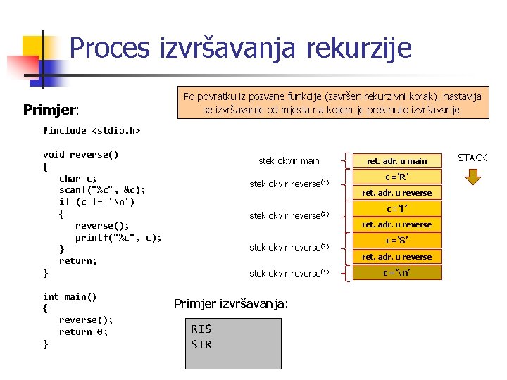 Proces izvršavanja rekurzije Primjer: Po povratku iz pozvane funkcije (završen rekurzivni korak), nastavlja se