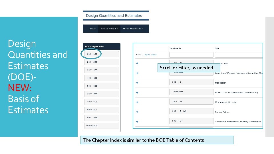 Design Quantities and Estimates (DQE)NEW: Basis of Estimates Scroll or Filter, as needed. The