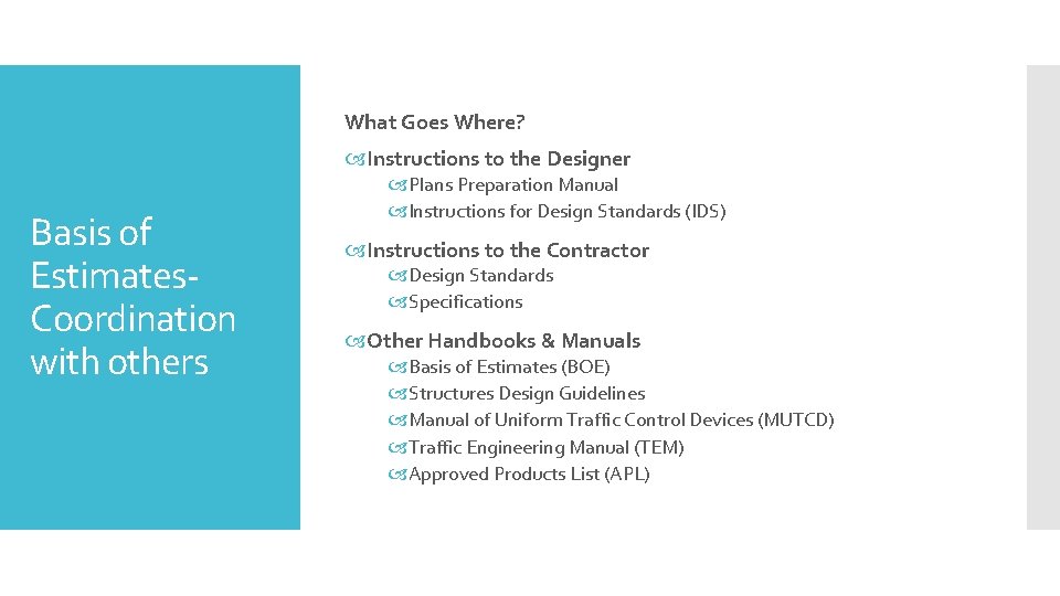 What Goes Where? Instructions to the Designer Basis of Estimates. Coordination with others Plans