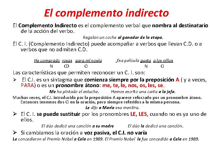 El complemento indirecto El Complemento Indirecto es el complemento verbal que nombra al destinatario