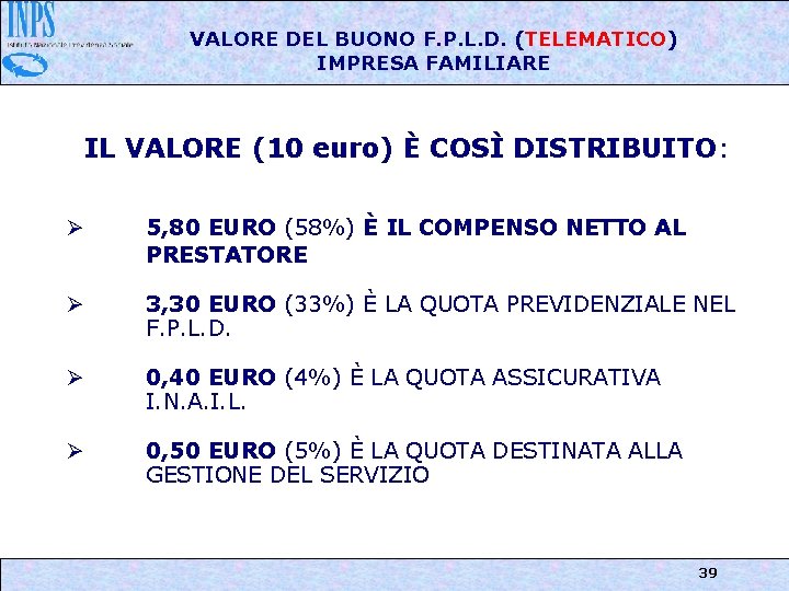 VALORE DEL BUONO F. P. L. D. (TELEMATICO) IMPRESA FAMILIARE IL VALORE (10 euro)