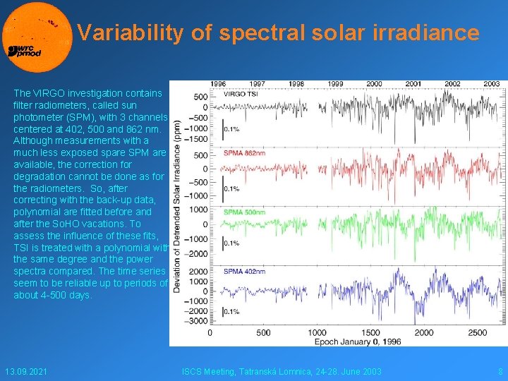 Variability of spectral solar irradiance The VIRGO investigation contains filter radiometers, called sun photometer