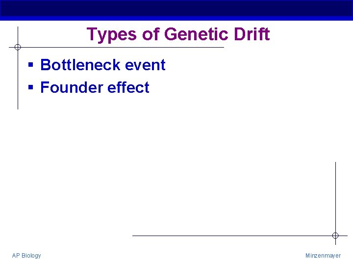 Types of Genetic Drift § Bottleneck event § Founder effect AP Biology Minzenmayer 