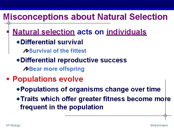 Misconceptions about Natural Selection § Natural selection acts on individuals Differential survival Survival of