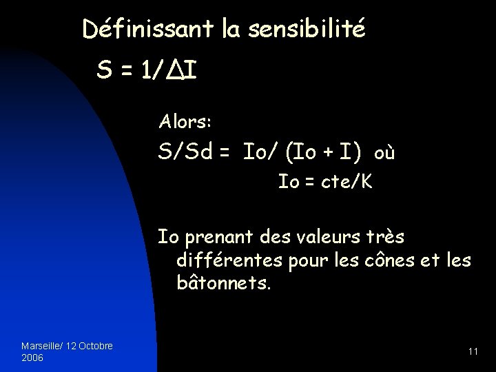 Définissant la sensibilité S = 1/ΔI Alors: S/Sd = Io/ (Io + I) où