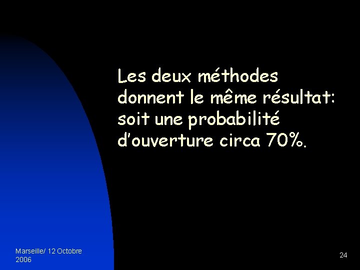 Les deux méthodes donnent le même résultat: soit une probabilité d’ouverture circa 70%. Marseille/