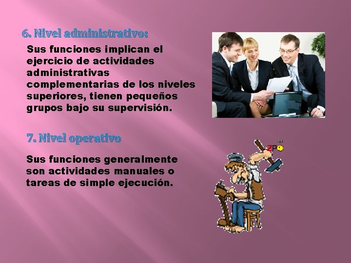 6. Nivel administrativo: Sus funciones implican el ejercicio de actividades administrativas complementarias de los
