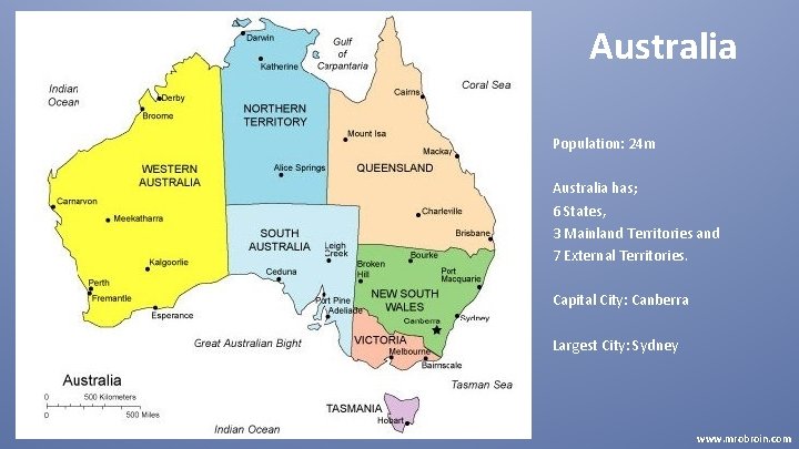 Australia Population: 24 m Australia has; 6 States, 3 Mainland Territories and 7 External