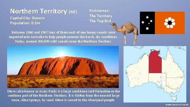 Northern Territory (NT) Capital City: Darwin Population: 0. 2 m Nicknames: The Territory The