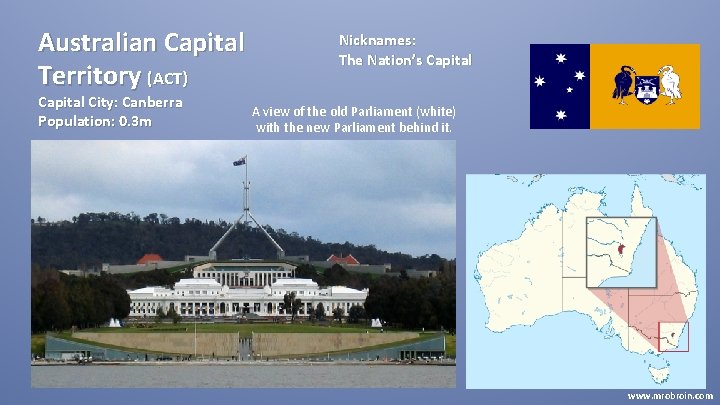 Australian Capital Territory (ACT) Capital City: Canberra Population: 0. 3 m Nicknames: The Nation’s