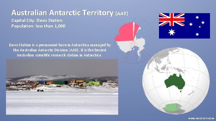 Australian Antarctic Territory (AAT) Capital City: Davis Station Population: less than 1, 000 Davis