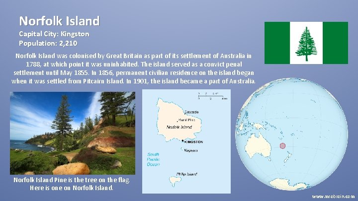 Norfolk Island Capital City: Kingston Population: 2, 210 Norfolk Island was colonised by Great