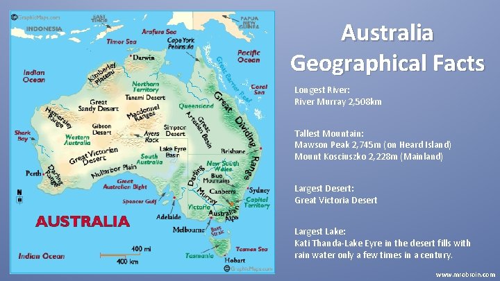 Australia Geographical Facts Longest River: River Murray 2, 508 km Tallest Mountain: Mawson Peak