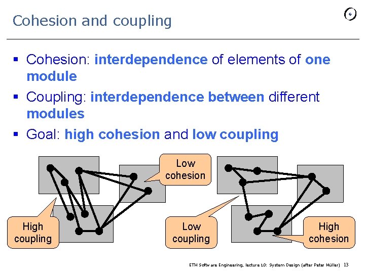 Cohesion and coupling § Cohesion: interdependence of elements of one module § Coupling: interdependence