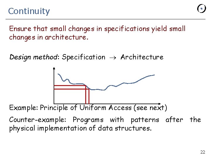 Continuity Ensure that small changes in specifications yield small changes in architecture. Design method: