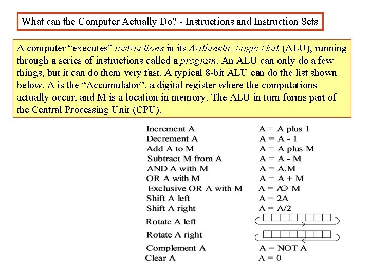 What can the Computer Actually Do? - Instructions and Instruction Sets A computer “executes”