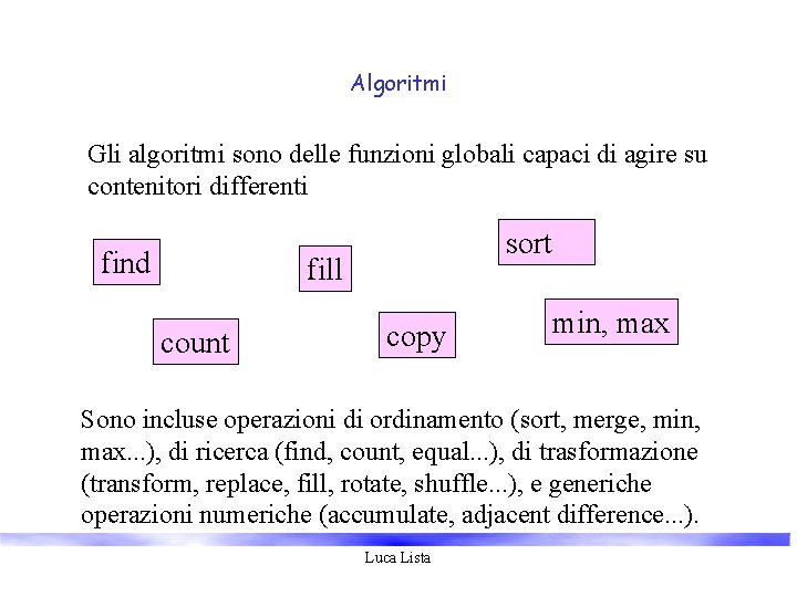 Algoritmi Gli algoritmi sono delle funzioni globali capaci di agire su contenitori differenti find