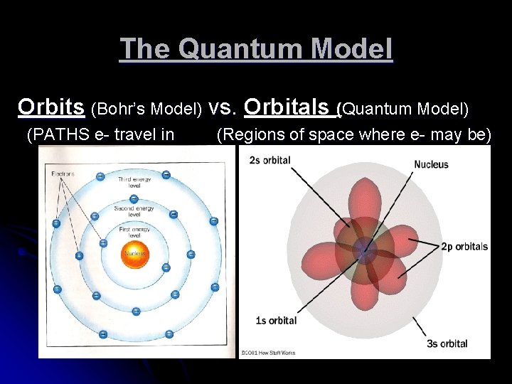 The Quantum Model Orbits (Bohr’s Model) vs. Orbitals (Quantum Model) (PATHS e- travel in