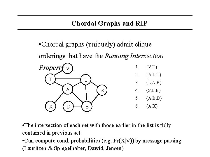 Chordal Graphs and RIP • Chordal graphs (uniquely) admit clique orderings that have the