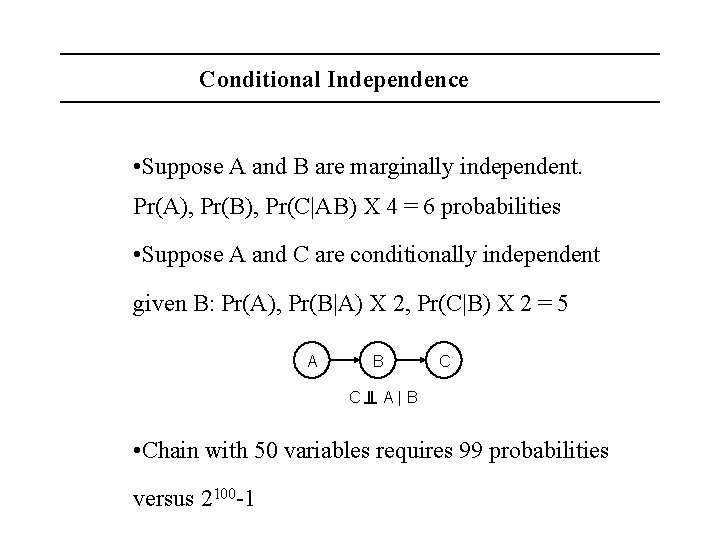 Conditional Independence • Suppose A and B are marginally independent. Pr(A), Pr(B), Pr(C|AB) X