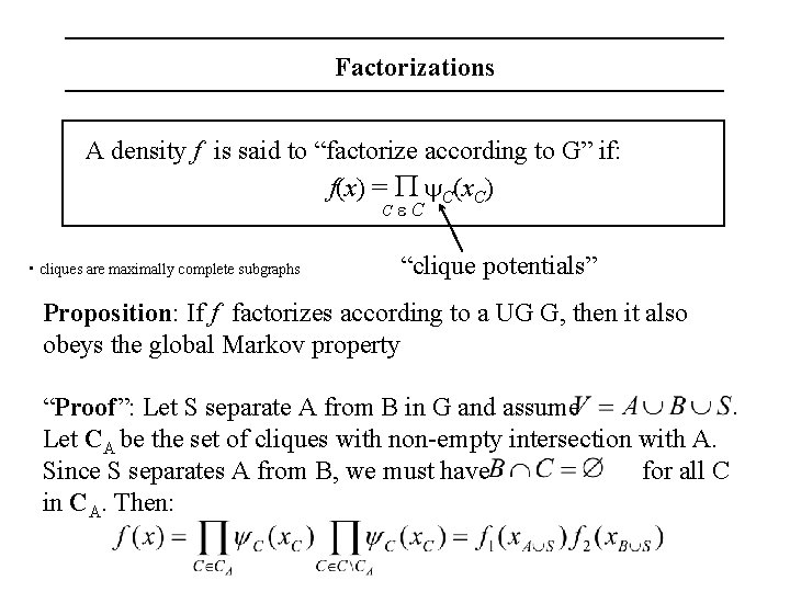 Factorizations A density f is said to “factorize according to G” if: f(x) =