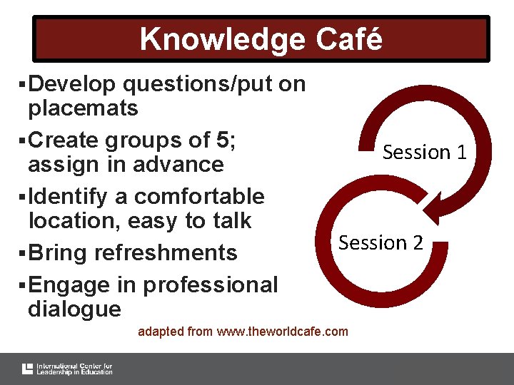 Knowledge Café § Develop questions/put on placemats § Create groups of 5; assign in