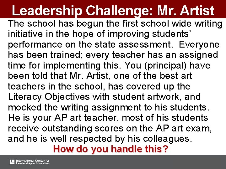 Leadership Challenge: Mr. Artist The school has begun the first school wide writing initiative