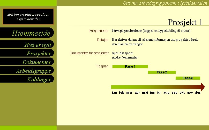 Sett inn arbeidsgruppenavn i lysbildemalen Sett inn arbeidsgruppelogo i lysbildemalen Hjemmeside Prosjekt 1 Prosjektleder