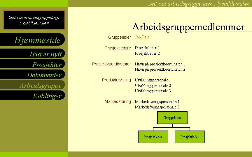 Sett inn arbeidsgruppenavn i lysbildemalen Sett inn arbeidsgruppelogo i lysbildemalen Hjemmeside Arbeidsgruppemedlemmer Gruppeleder Prosjektledere