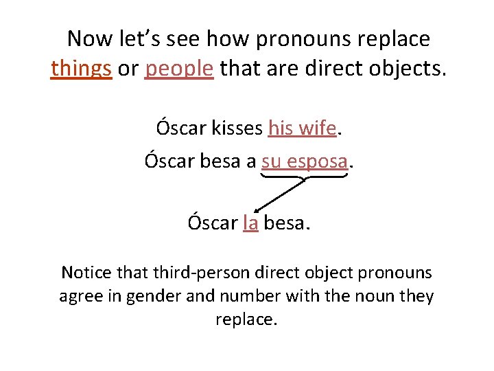 Now let’s see how pronouns replace things or people that are direct objects. Óscar