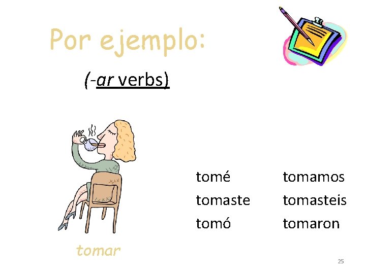 Por ejemplo: (-ar verbs) tomé tomaste tomó tomar tomamos tomasteis tomaron 25 