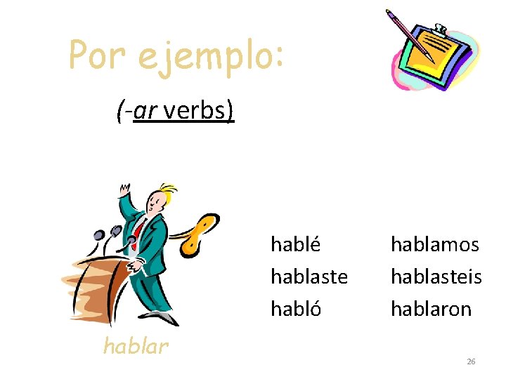 Por ejemplo: (-ar verbs) hablé hablaste habló hablar hablamos hablasteis hablaron 26 